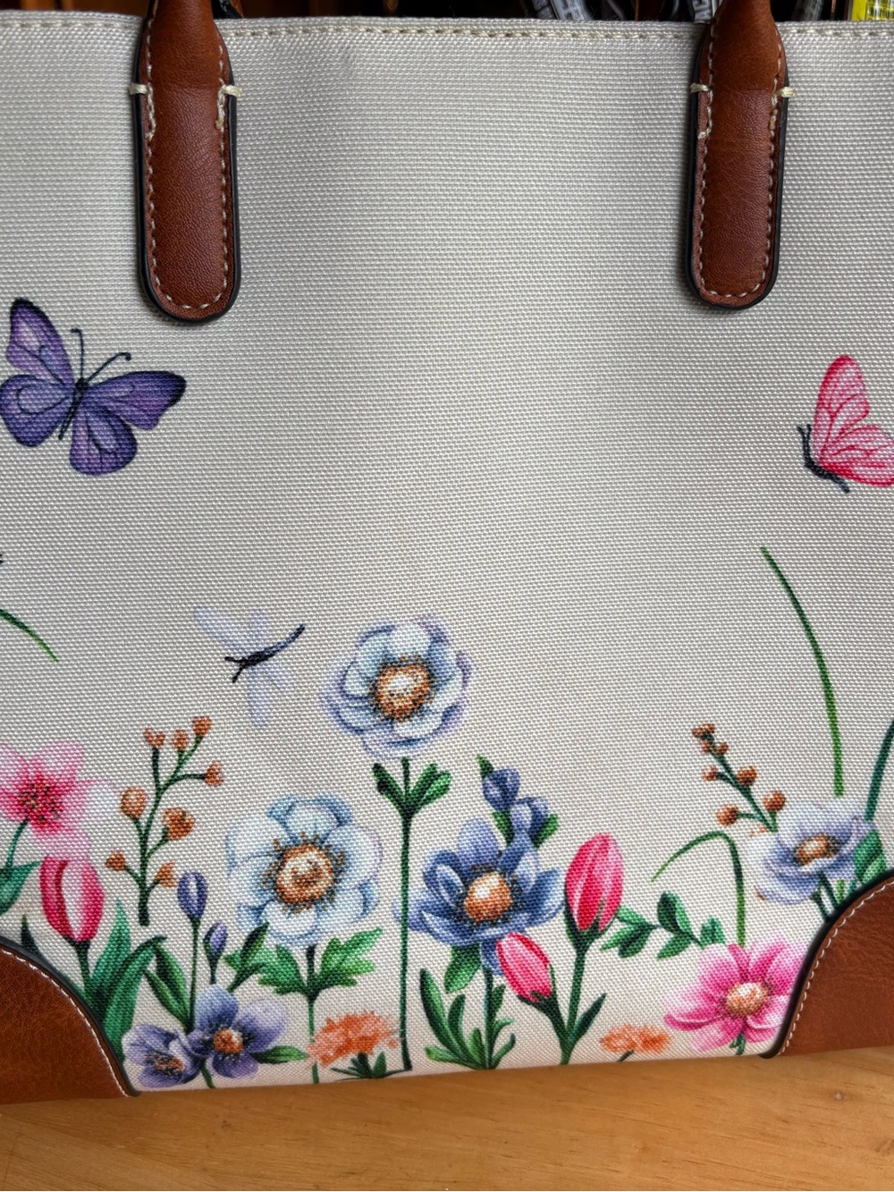 AVON Floral Canvas Tote Bag with Brown Trim - Cream